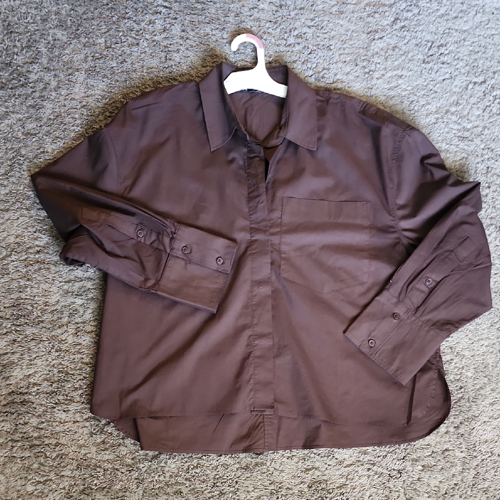 Zara Like New Poplin Brown Button Down Shirt Size L